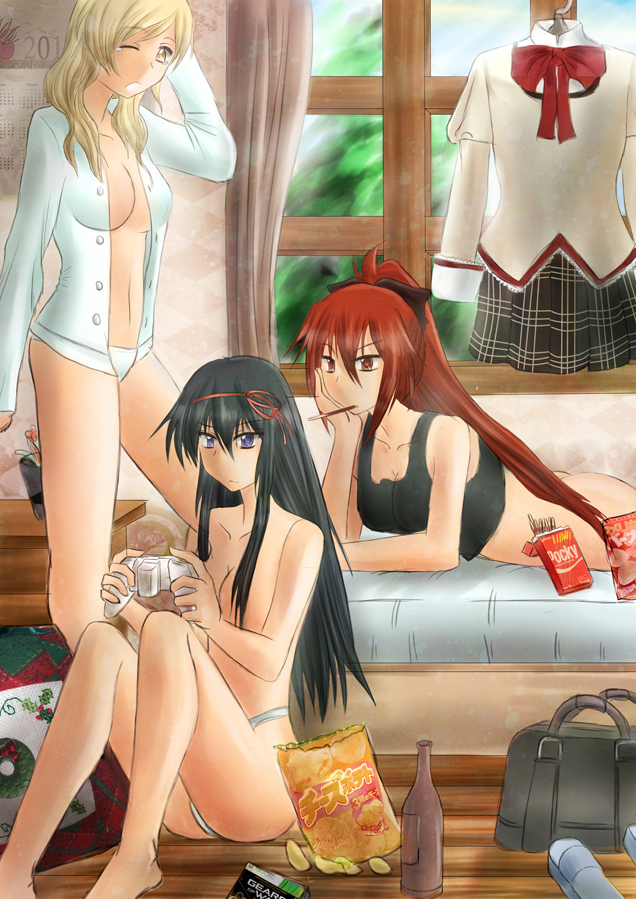 akemi homura, sakura kyoko, and tomoe mami (mahou shoujo madoka magica and 1 more) drawn by k-nashi