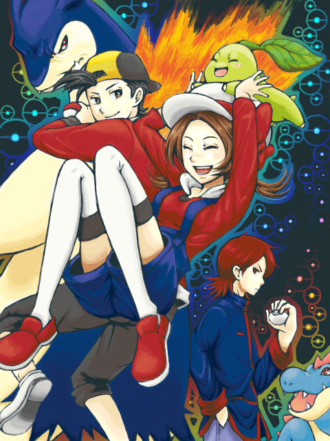ethan, lyra, silver, chikorita, typhlosion, and 1 more (pokemon and 1 more) drawn by zs