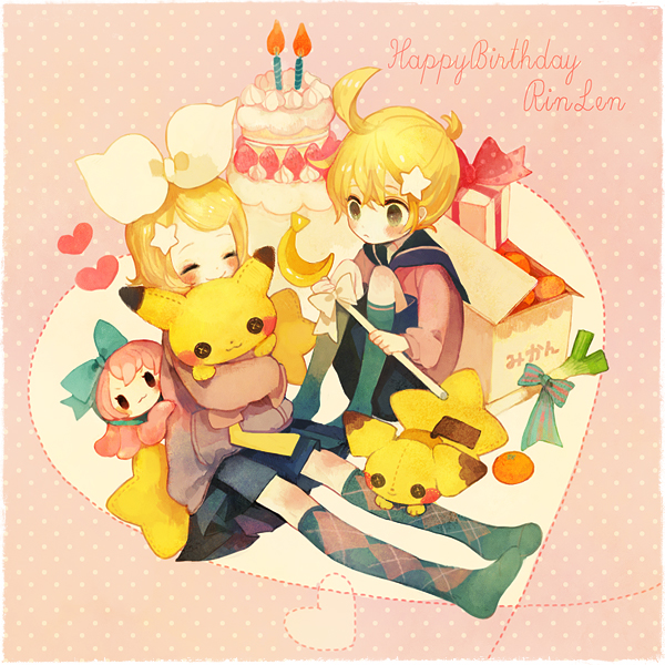 kagamine rin, kagamine len, pikachu, megurine luka, pichu, and 1 more (pokemon and 1 more) drawn by pechika