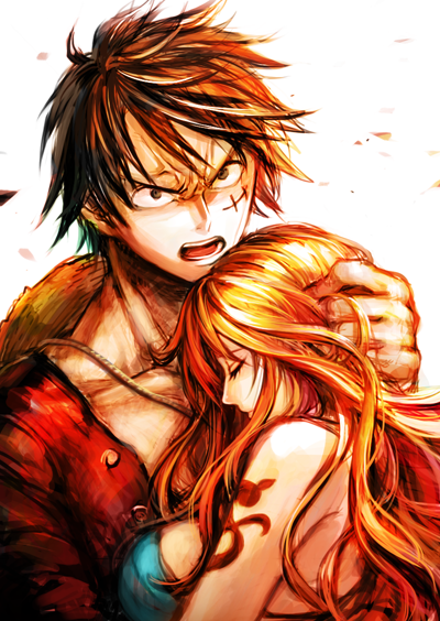 nami and monkey d. luffy (one piece) drawn by senbei_(roof-lock)