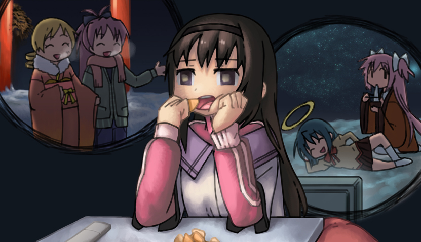 akemi homura, kaname madoka, miki sayaka, sakura kyoko, tomoe mami, and 1 more (mahou shoujo madoka magica) drawn by temurei_(vovovov)