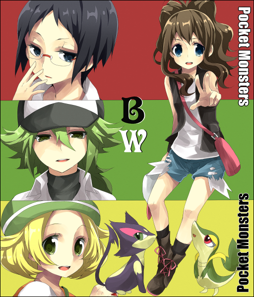 hilda, n, snivy, bianca, cheren, and 1 more (pokemon and 1 more) drawn by chiruku