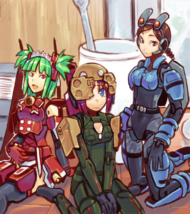 hishimiya tsugaru, fort bragg, and waffebunny (busou shinki) drawn by shigehiro_(hiroi_heya)