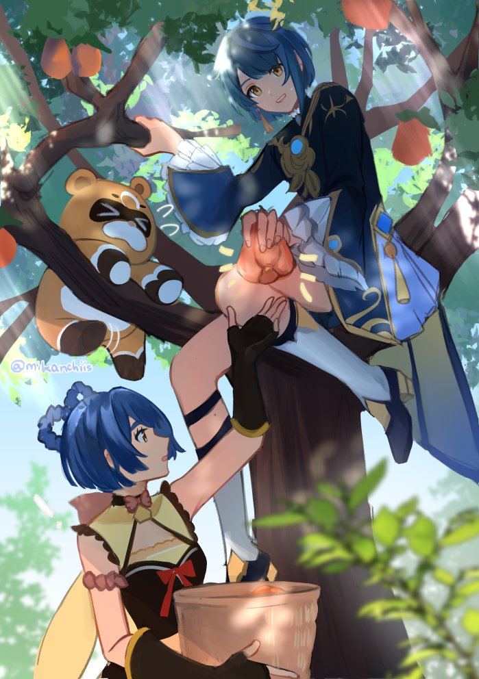 xingqiu, xiangling, and guoba (genshin impact) drawn by mikanchii