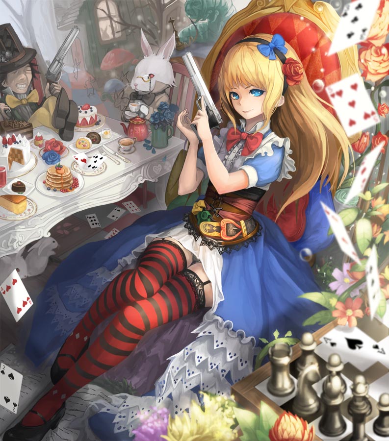 alice, white rabbit, mad hatter, and caterpillar (alice's adventures in wonderland) drawn by taba_comya