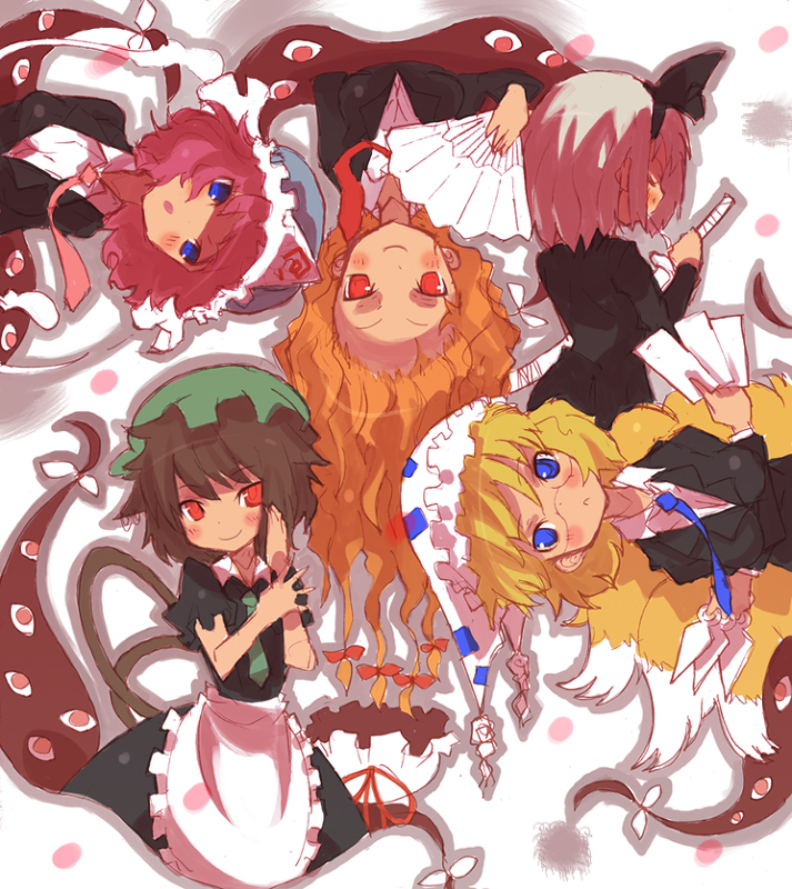 konpaku youmu, yakumo yukari, saigyouji yuyuko, yakumo ran, and chen (touhou) drawn by hiruma_andon