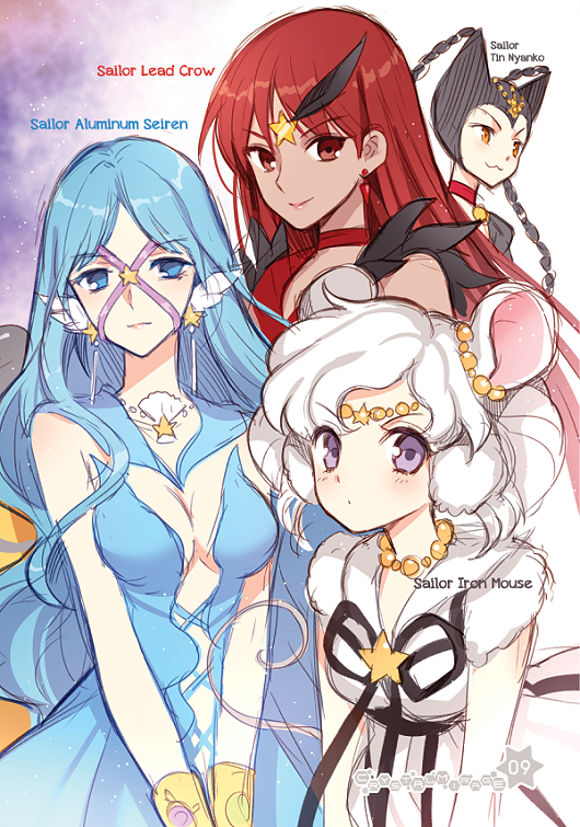 sailor iron mouse, sailor aluminum seiren, sailor tin nyanko, and sailor lead crow (bishoujo senshi sailor moon and 1 more) drawn by nardack