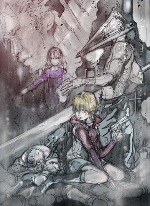 pyramid head, heather mason, and alessa gillespie (silent hill 2 and 2 more) drawn by ishikina