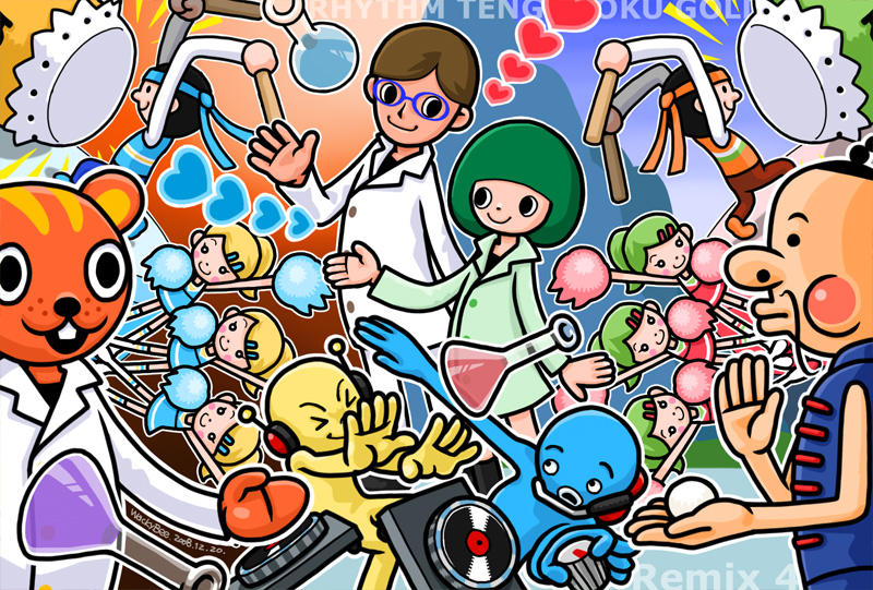 dj yellow, student, researchers of love, dondoko girls, dondoko ouen-dan, and 1 more (rhythm tengoku and 1 more) drawn by wackybee