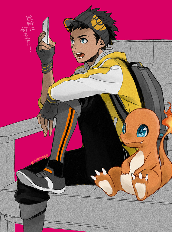 charmander and male protagonist (pokemon and 1 more) drawn by yamo_(miyamo)