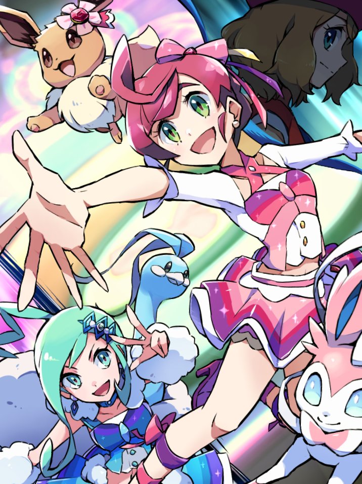 eevee, serena, sylveon, altaria, lisia, and 1 more (pokemon and 1 more) drawn by ayo_(ayosanri009)