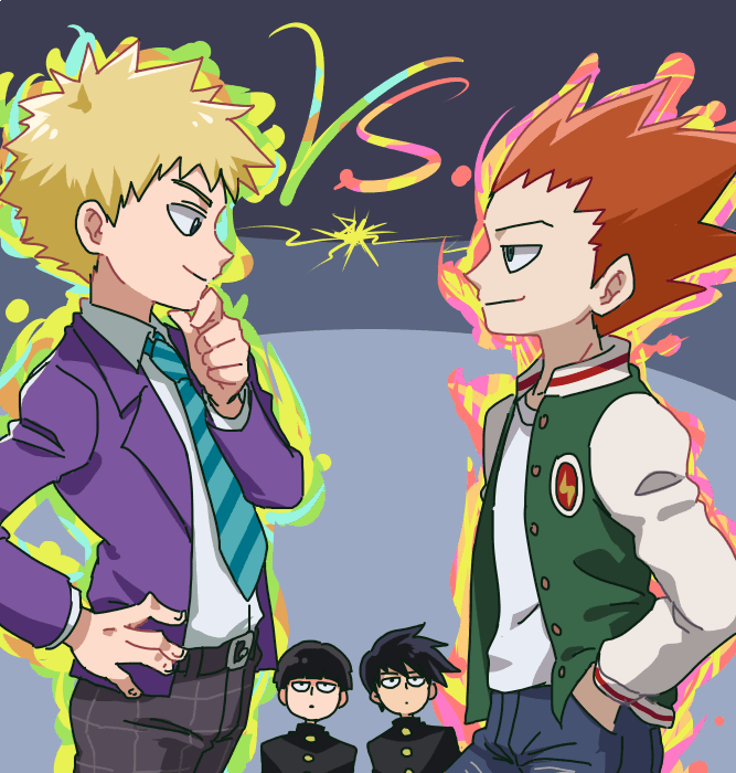 kageyama shigeo, kageyama ritsu, hanazawa teruki, and suzuki shou (mob psycho 100) drawn by tomatok0