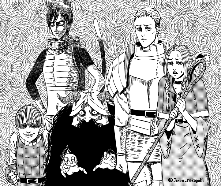 marcille donato, laios touden, senshi, chilchuck tims, and izutsumi (dungeon meshi) drawn by jinou_rakugaki