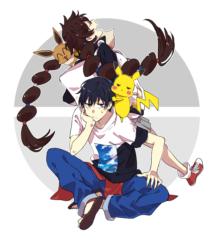 pikachu, eevee, gotcha! girl, and gotcha! boy (pokemon and 1 more) drawn by akinoko_(noco916)