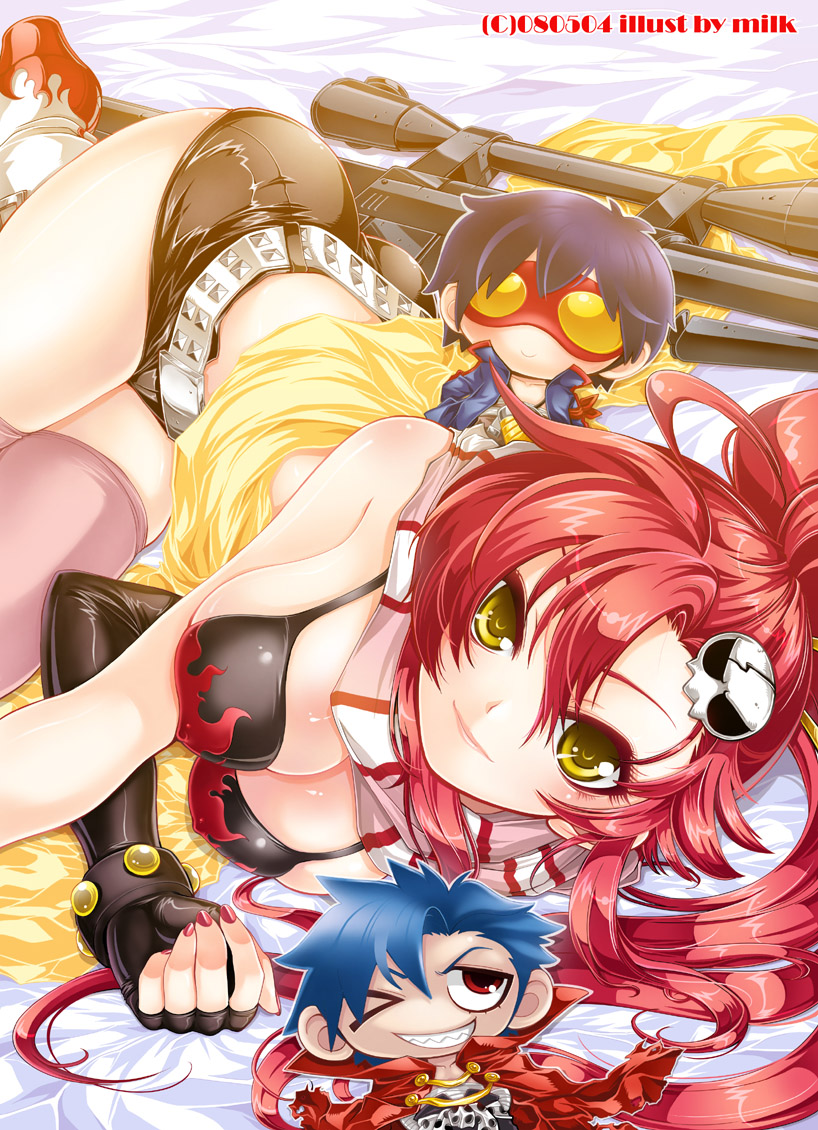 yoko littner, simon, and kamina (tengen toppa gurren lagann) drawn by milk_(niunai_jai)