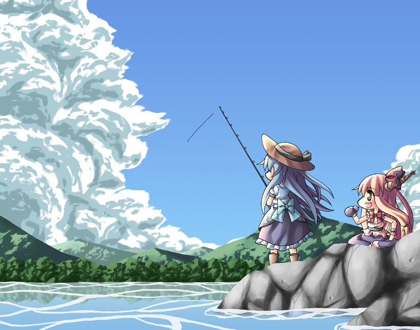 hinanawi tenshi and ibuki suika (touhou) drawn by higuredachi