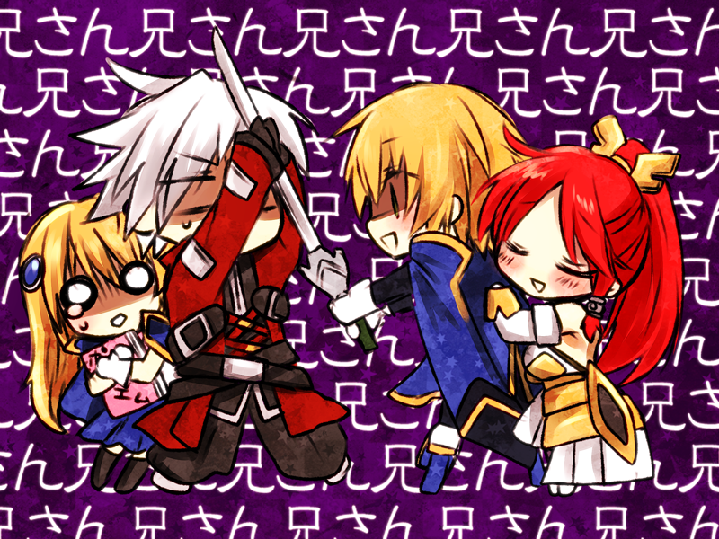 noel vermillion, ragna the bloodedge, jin kisaragi, tsubaki yayoi, and izayoi (blazblue) drawn by royaltea87