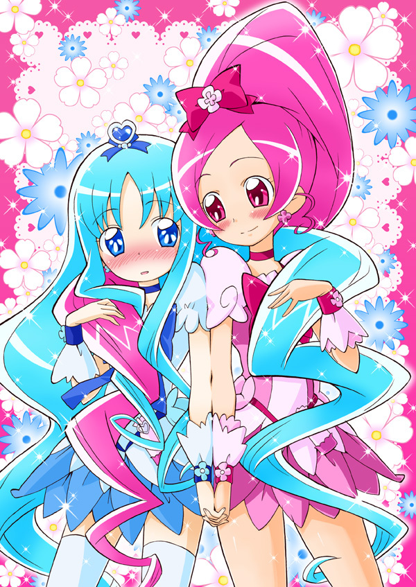 kurumi erika, hanasaki tsubomi, cure marine, and cure blossom (precure and 1 more) drawn by yuuma_(skirthike)