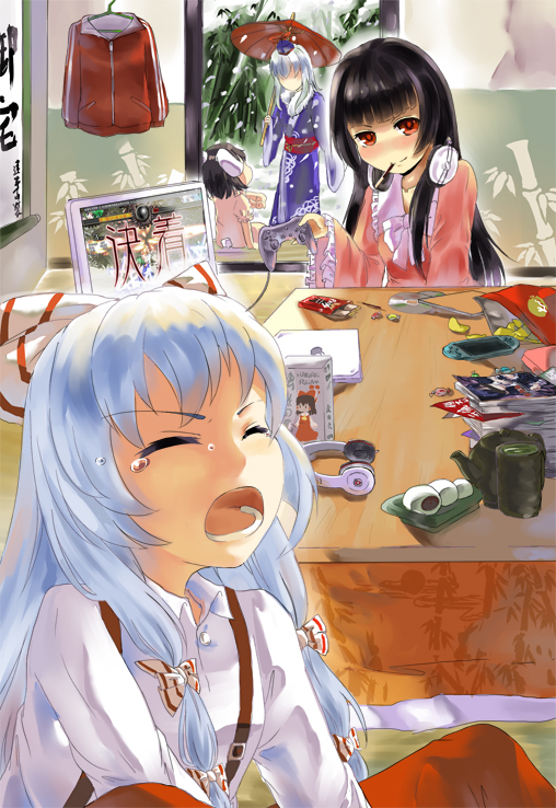 hakurei reimu, kochiya sanae, cirno, fujiwara no mokou, kamishirasawa keine, and 2 more (touhou and 1 more) drawn by far_eastern_funion