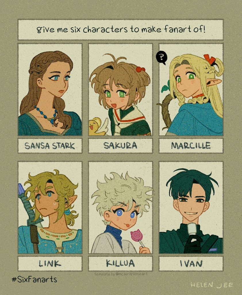 link, kinomoto sakura, marcille donato, kero, killua zoldyck, and 2 more (the legend of zelda and 7 more) drawn by helen_jee