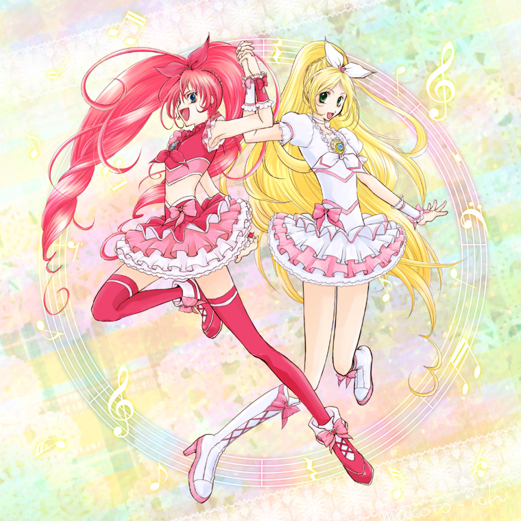 houjou hibiki, minamino kanade, cure melody, and cure rhythm (precure and 1 more) drawn by ichikawa_makoto