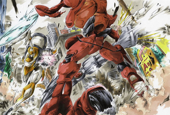 guren, lancelot, and guren mk-ii (code geass) drawn by umanosuke