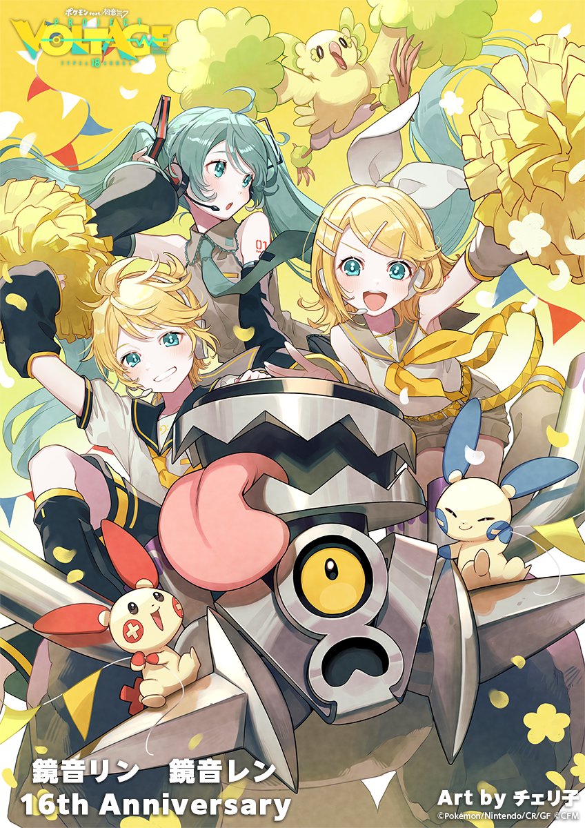 hatsune miku, kagamine rin, kagamine len, minun, plusle, and 2 more (pokemon and 3 more) drawn by cherico