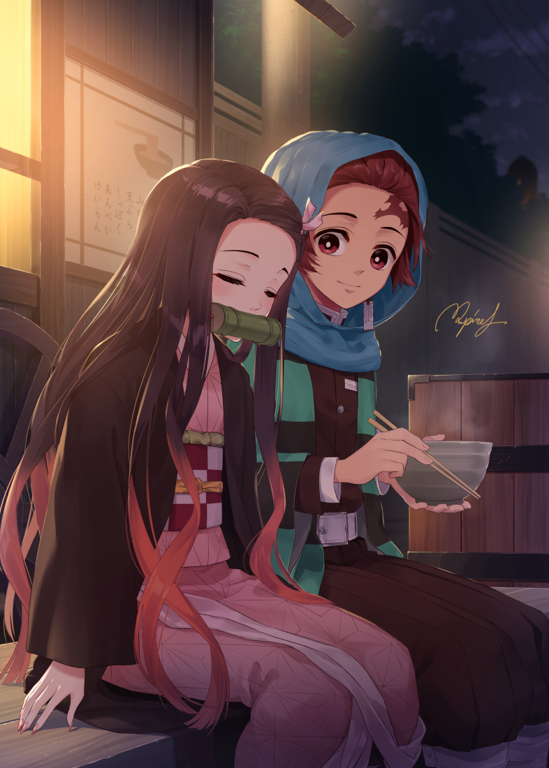 kamado nezuko and kamado tanjirou (kimetsu no yaiba) drawn by rupinesu