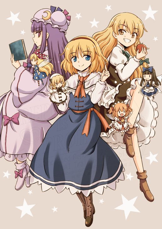 kirisame marisa, alice margatroid, patchouli knowledge, clownpiece, star sapphire, and 2 more (touhou and 1 more) drawn by hirasaka_makoto