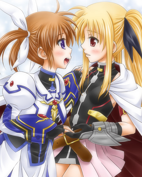 fate testarossa and takamachi nanoha (lyrical nanoha and 3 more) drawn by shinozuki_takumi