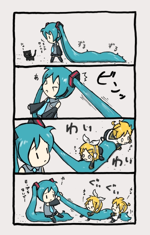hatsune miku, kagamine rin, and kagamine len (vocaloid) drawn by shimota