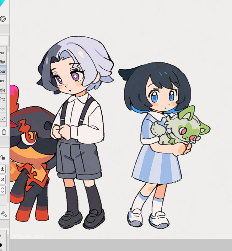 sprigatito, liko, amethio, and charcadet (pokemon and 1 more) drawn by jen_(aaasylum)