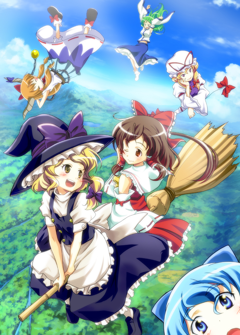 hakurei reimu, kirisame marisa, kochiya sanae, cirno, yakumo yukari, and 1 more (touhou) drawn by mukai