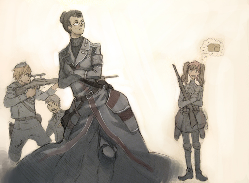 alicia melchiott, welkin gunther, eleanor varrot, and faldio landzaat (senjou no valkyria and 1 more) drawn by shroedinger