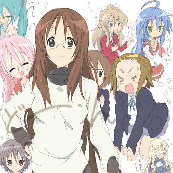 hatsune miku, nagato yuki, hirasawa yui, tainaka ritsu, izumi konata, and 5 more (vocaloid and 6 more) drawn by core_(mayomayo)
