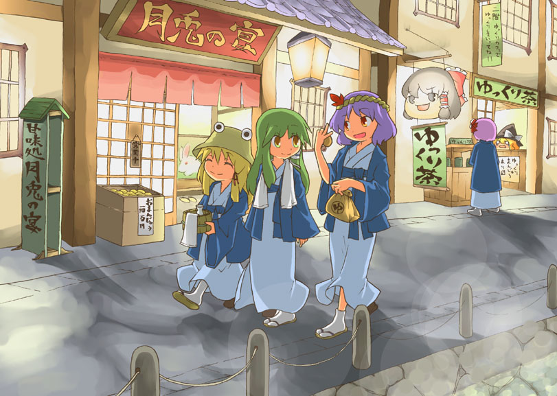 hakurei reimu, kirisame marisa, kochiya sanae, moriya suwako, yasaka kanako, and 1 more (touhou) drawn by harada_(sansei_rain)