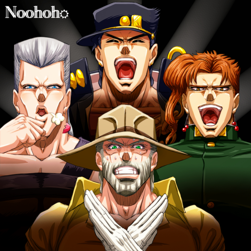 joseph joestar, kujo jotaro, kakyoin noriaki, jean pierre polnareff, and freddie mercury (jojo no kimyou na bouken and 3 more) drawn by c-7_(assate)