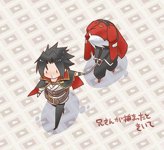 ragna the bloodedge and kagura mutsuki (blazblue) drawn by hesocha