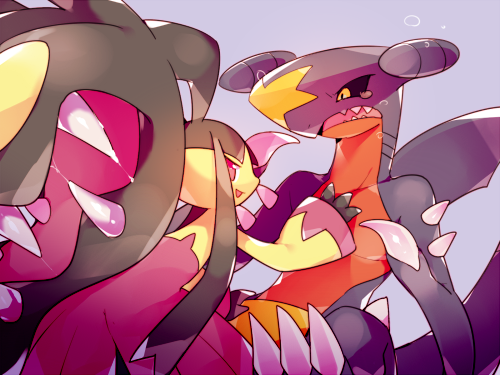 garchomp, mawile, and mega mawile (pokemon) drawn by takashino_(noni-nani)