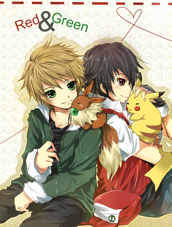 pikachu, red, eevee, blue oak, and pixiv red (pokemon and 2 more) drawn by aya_nyu_miu