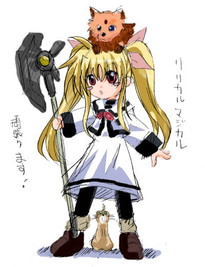 fate testarossa, yuuno scrya, arf, and bardiche (lyrical nanoha and 2 more)