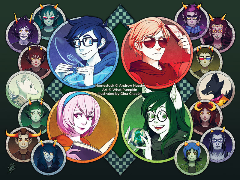 rose lalonde, jade harley, dave strider, karkat vantas, john egbert, and 13 more (homestuck) drawn by gina_chacon