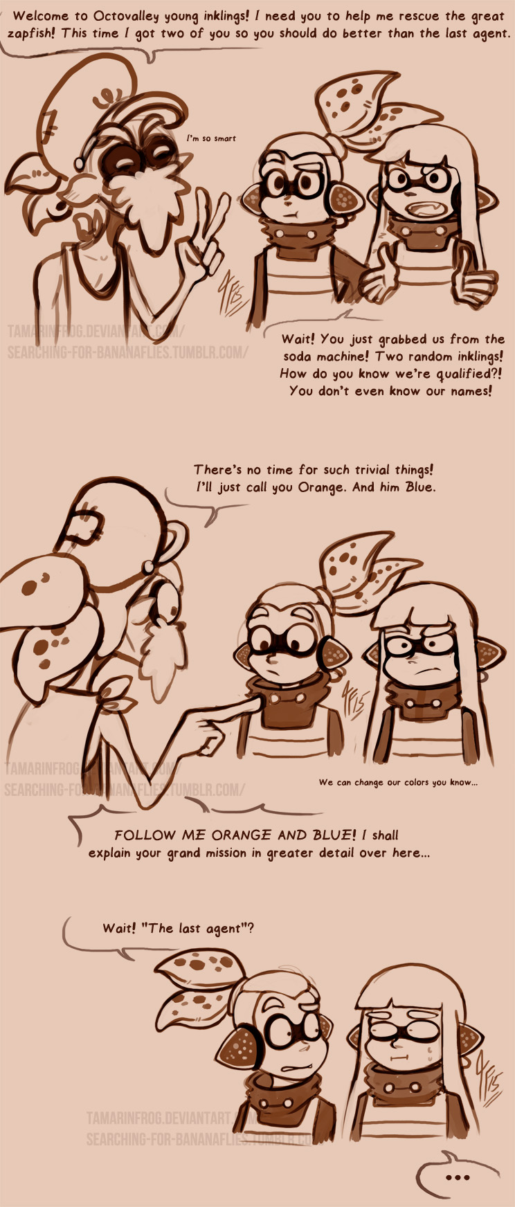 inkling player character, inkling girl, inkling boy, agent 3, and cap'n cuttlefish (splatoon and 1 more) drawn by tamarinfrog