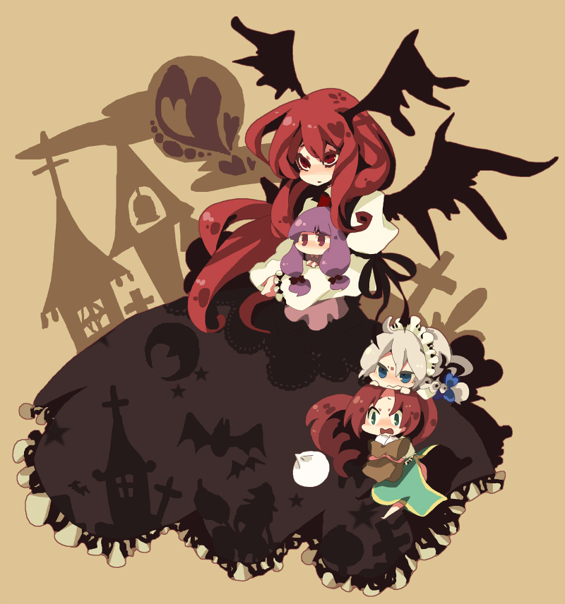izayoi sakuya, patchouli knowledge, hong meiling, and koakuma (touhou) drawn by mondorera