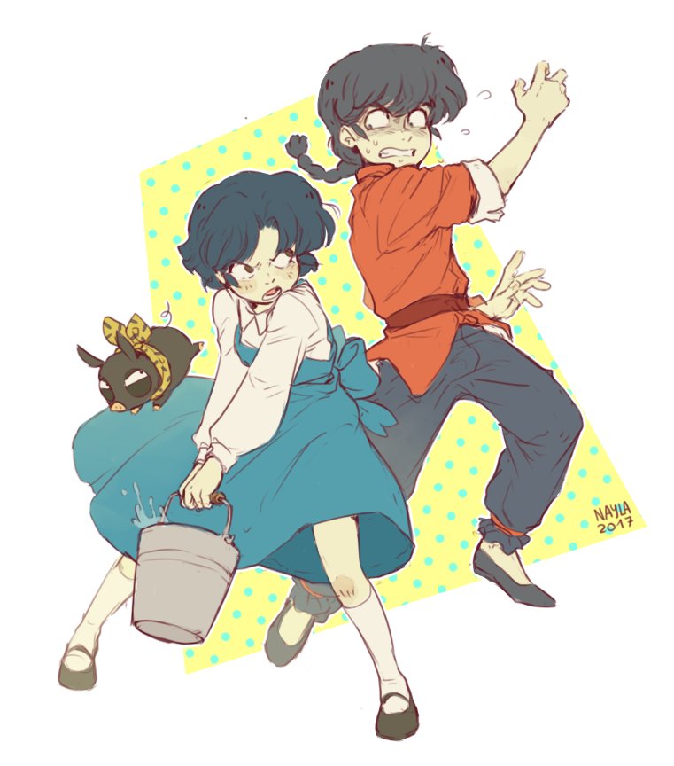 tendou akane, saotome ranma, and p-chan (ranma 1/2) drawn by lemoneto