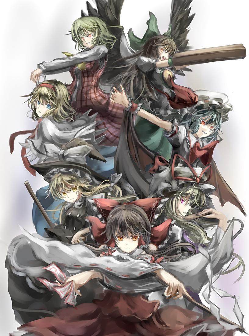 hakurei reimu, kirisame marisa, remilia scarlet, alice margatroid, yakumo yukari, and 2 more (touhou) drawn by uutan_(shibainu_kakumei)