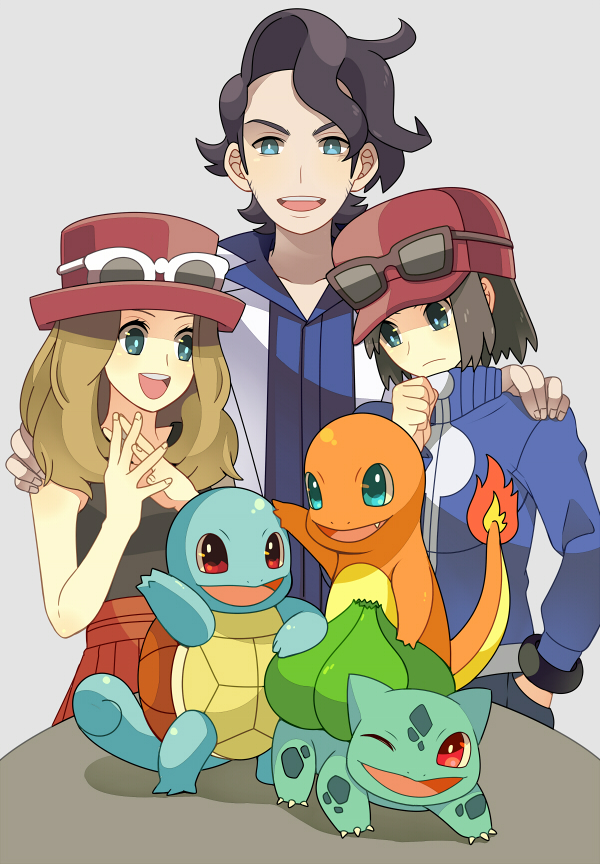 serena, bulbasaur, squirtle, charmander, calem, and 1 more (pokemon and 1 more) drawn by himari_g_(sr)
