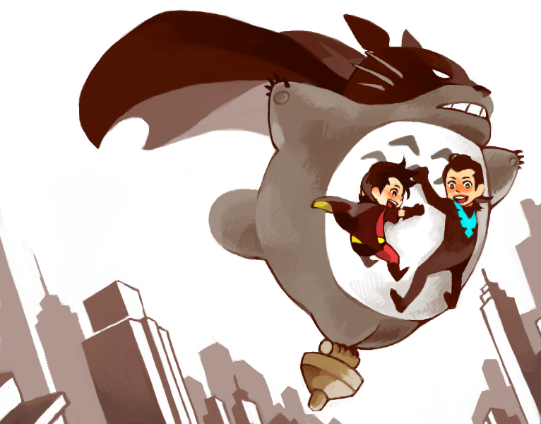 batman, robin, totoro, dick grayson, nightwing, and 1 more (dc comics and 2 more) drawn by yanahashi_(bacalorieta)