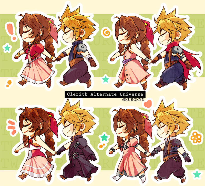 cloud strife and aerith gainsborough (final fantasy and 5 more) drawn by kurohyn