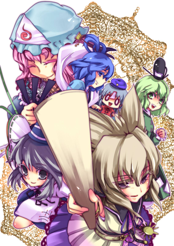saigyouji yuyuko, toyosatomimi no miko, mononobe no futo, kaku seiga, miyako yoshika, and 1 more (touhou) drawn by moisuomi